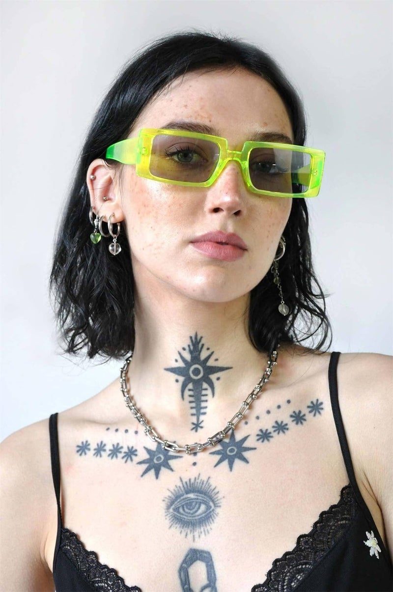 GIFIORE Trendy Rectangle Sunglasses Retro Cool 90s Vintage Fashion Narrow Square Frame UV400 Protection (Neon Green) - Image 2